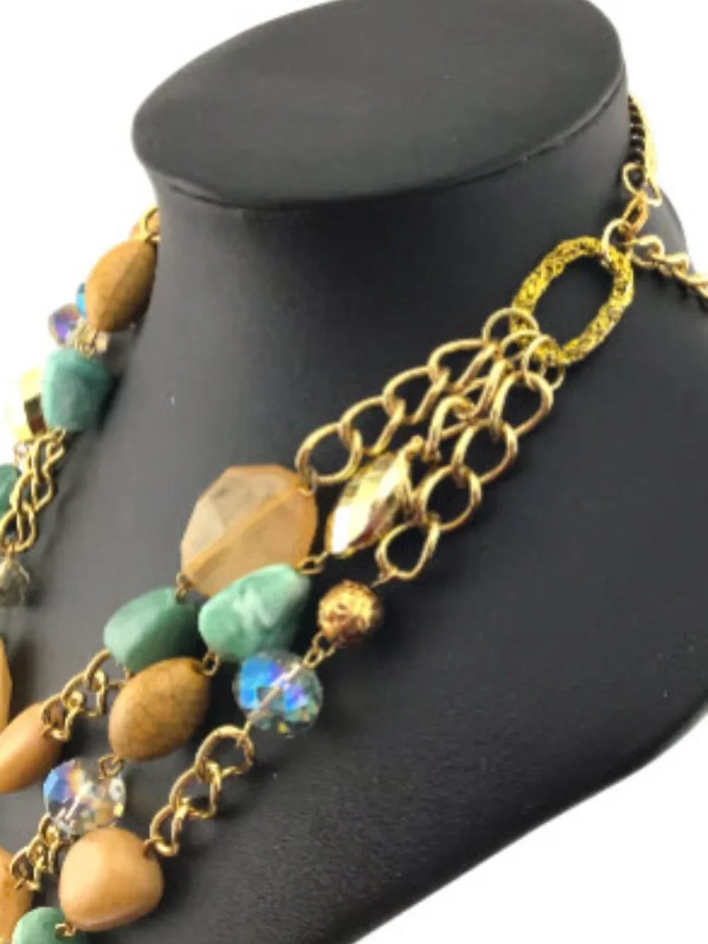 Vintage Layered Beaded Necklace Gold Tone Blue Green Cream Boho Resort Statement